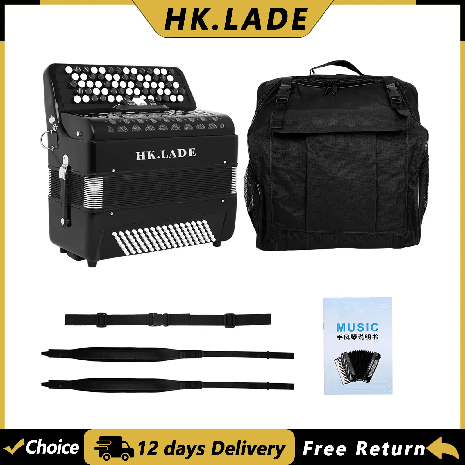 HK.LADE AH-220 Accordion 69 Keys 96 Bass Multi-register Bayan Accordion with Bag Keyboard Instrument for Grading Performance
