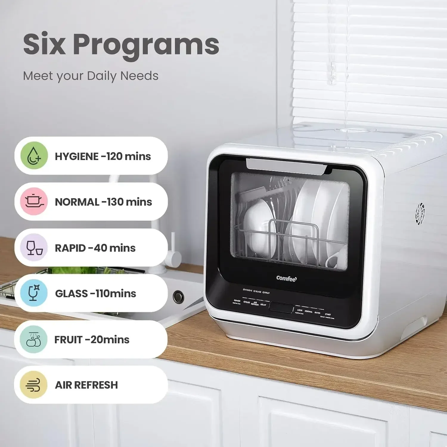 Mini bancada portátil para máquina de lavar louça COMFEE com tanque de água embutido de 5L para apartamentos e RVs, sem necessidade de conexão, 6 programas, 360 °