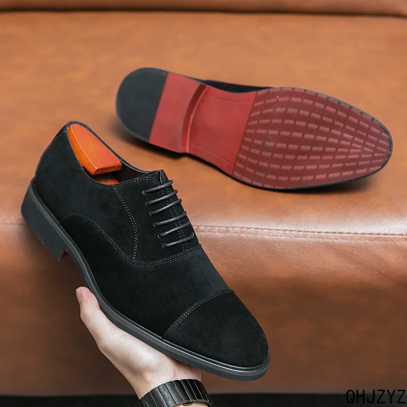 Black Men Derby Shoes Lace-Up Handmade  Business Casual Party Shoes Chaussures Hommes Men Dress Flock
