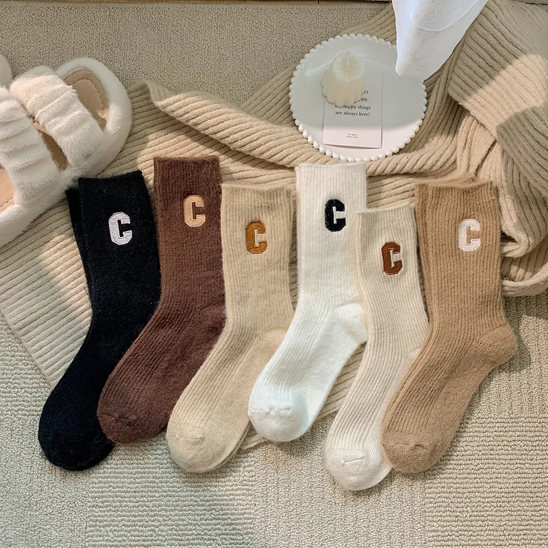 1pair Women Wool Socks Autumn Winter Warm Thickened Cashmere Socks Casual Fashion Solid Color Comfortable Home Long Sock 2024