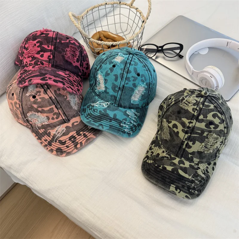 Customized Printed Logo Leopard Print Camouflage Baseball Caps Men And Women Retro Washed Break Hole Sun Shading Duck Tongue Hat view 3