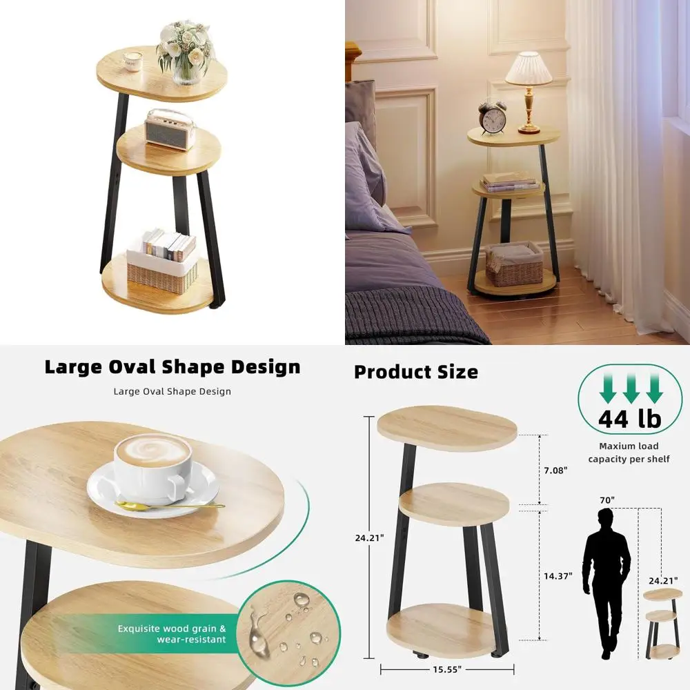 

Modern 3-Tier Metal Frame Side Table, Compact Oak Finish, Suitable for Living Room, Bedroom, Couch, and Bathroom