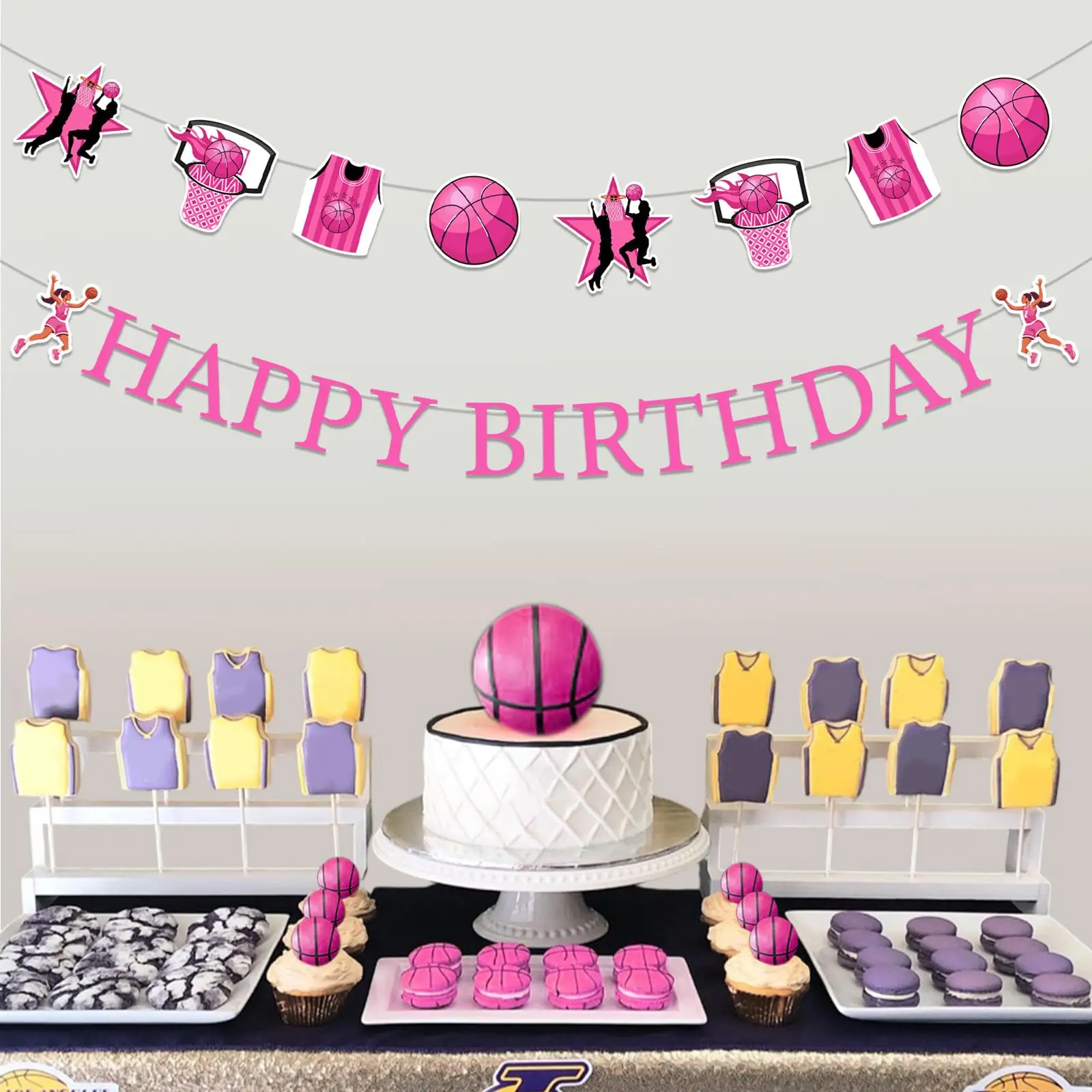 Cheereveal Pink Basketball Decoraciones para fiesta de cumpleaños, pancarta temática y guirnaldas para niñas negras