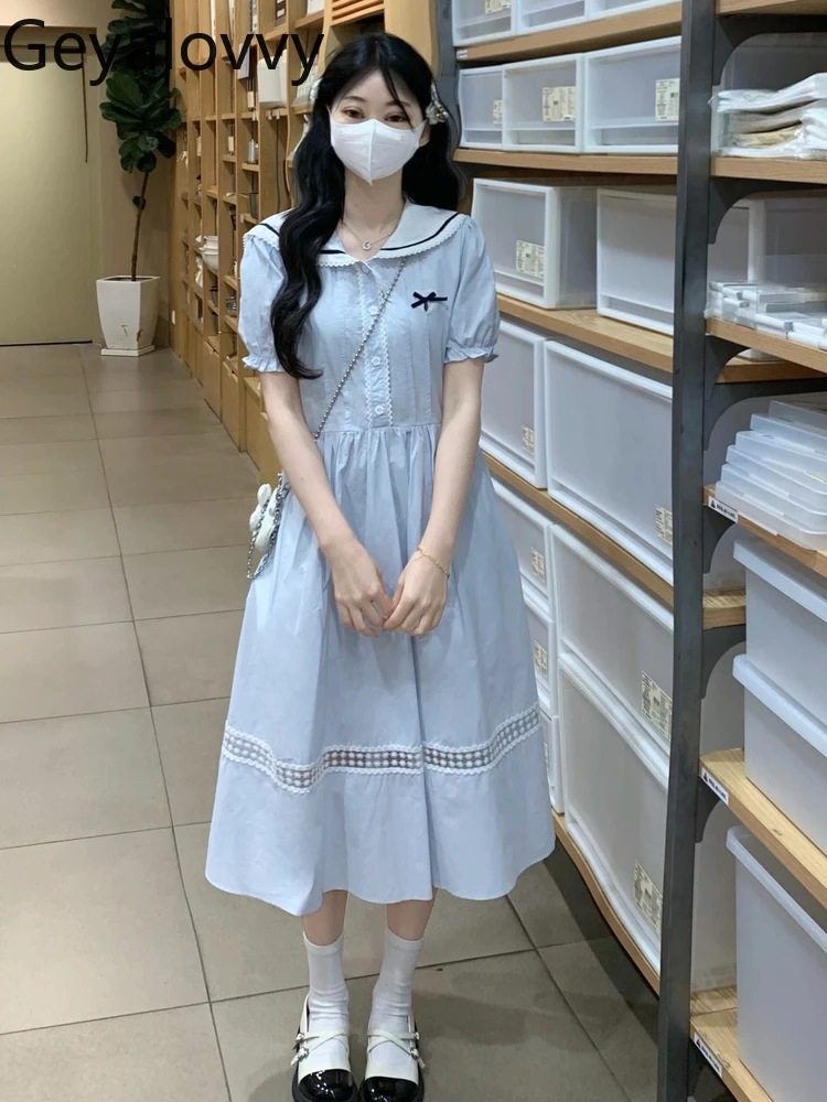 

Sweet Cute Girl College Style Doll Collar High Waist Summer Dress Versatile Student Bubble Short Sleeve A- Line Long Dresses