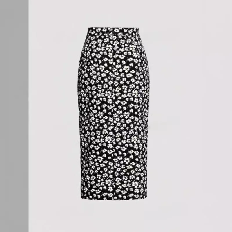 2024 Summer European and American New High Waist Small Chrysanthemum Printed Drawstring Vent Sheath Skirt for Women