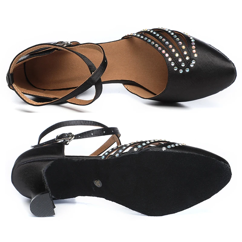 Zapatos de baile latino para mujer, zapatillas de fiesta de salón, Salsa, Tango, diamantes de imitación, satén negro, tacones altos para niñas,