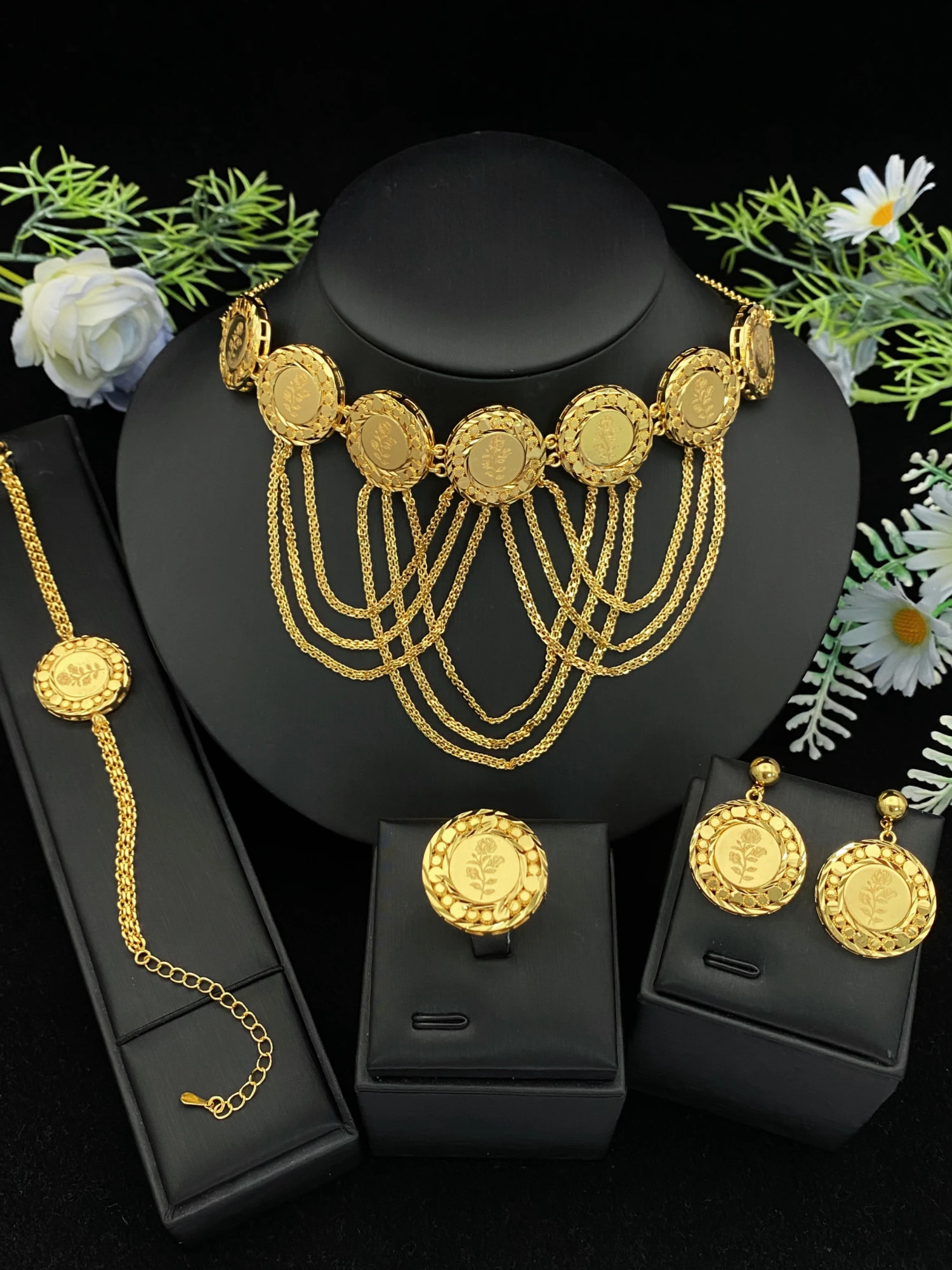 Juego de Joyería de Cobre Chapado en Oro JRH para Mujer, Accesorios Modernos para Fiestas y Festivales con Pulsera, Anillo, Collar y Aretes