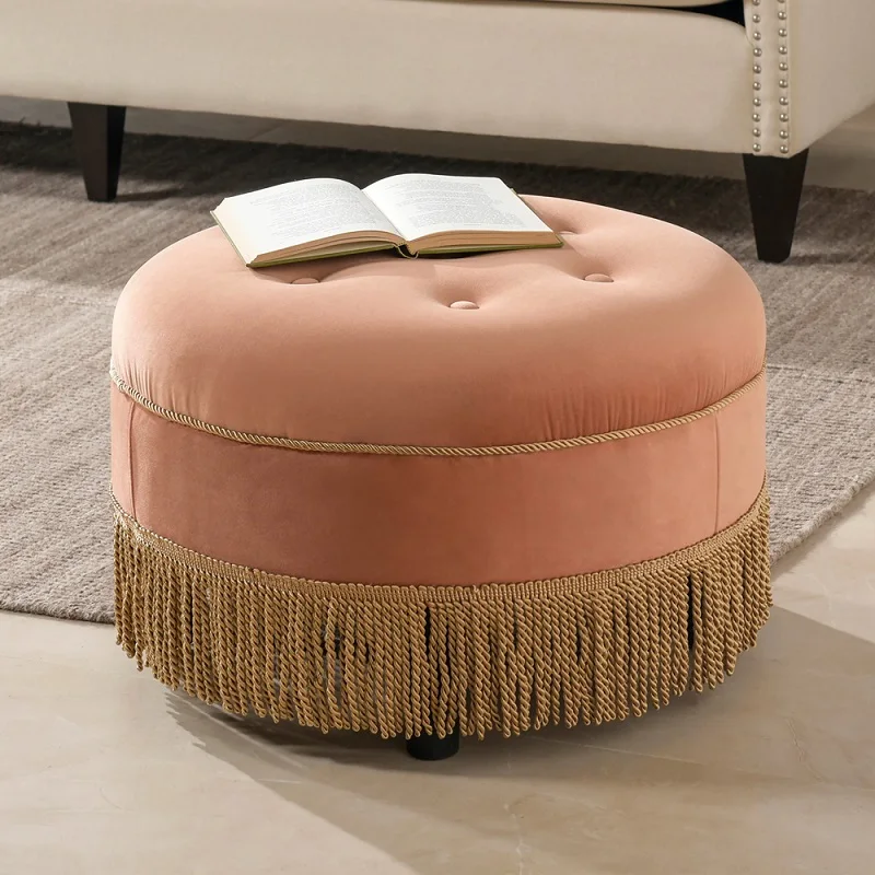 Retro tassel yellow footstool Internet celebrity Velvet shoe changing stool Sofa stool Round pier Low stool Fabric pull