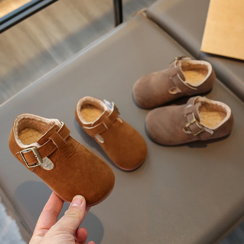 

Winter Boys Girl's Loafers Round Toe Hook-loop Plush Warm Chic Kid's Flat Shoe Solid Colors All-match Soft Daily Children Shoe