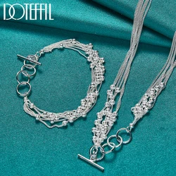 DOTEFFIL 2pcs 925 Sterling Silver Matte Beads Bracelet Necklace Set For Woman Man Wedding Engagement Party Fashion Charm Jewelry