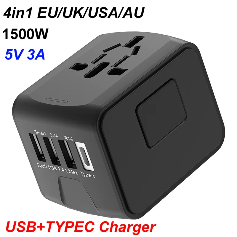 

AC 110V/220V 4 types Plug Travel Socket Power Adapter provide 3 USB Ports 5V 3A Type C Fast Charging Charger for Phone PC Laptop