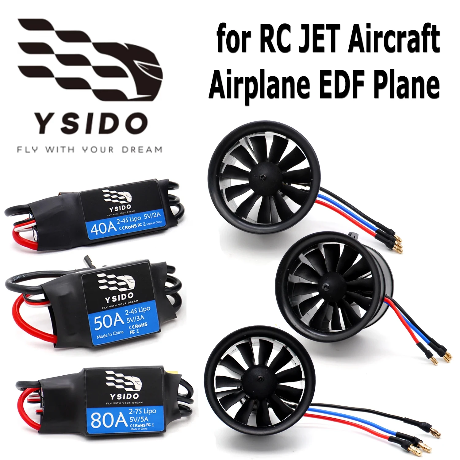 YSIDO RC EDF Motor Duct Fan 50/64/70mm 11-Blades 3S-6S 40A 50A 80A Brushless ESC Power for RC JET Aircraft Airplane EDF Plane