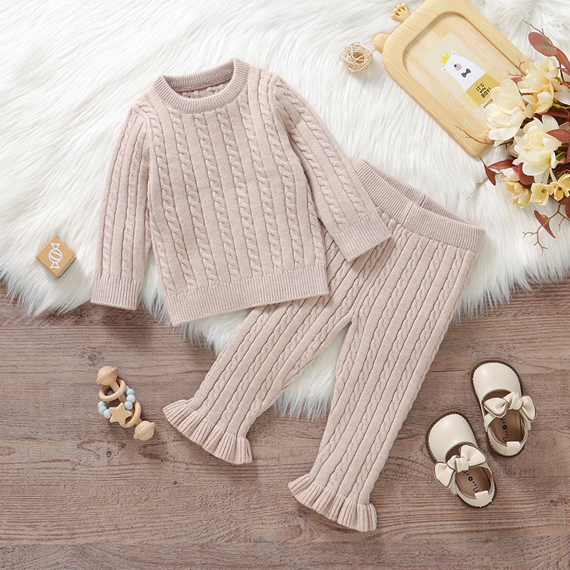 

Baby Clothes Sets Knitted Kid Pullover+Trousers 2PC Infant Gril Boy Sweater Long Sleeve Tops +Pants Fashion Ruffles Warm Autumn