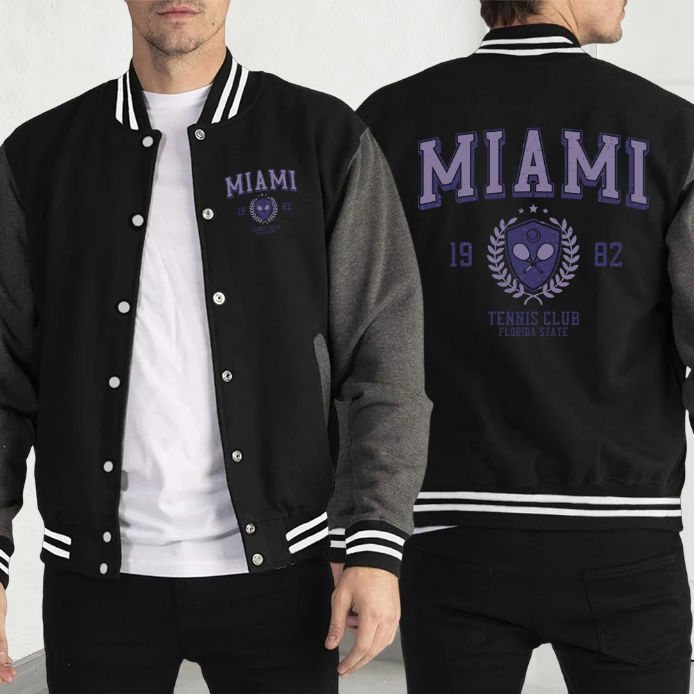 

Miami Florida 1982 Print Jacket Men Autumn Winter Loose Baseball Jersey Multicolor Casual New Y2K Menswear Pocket Fleece Menwear