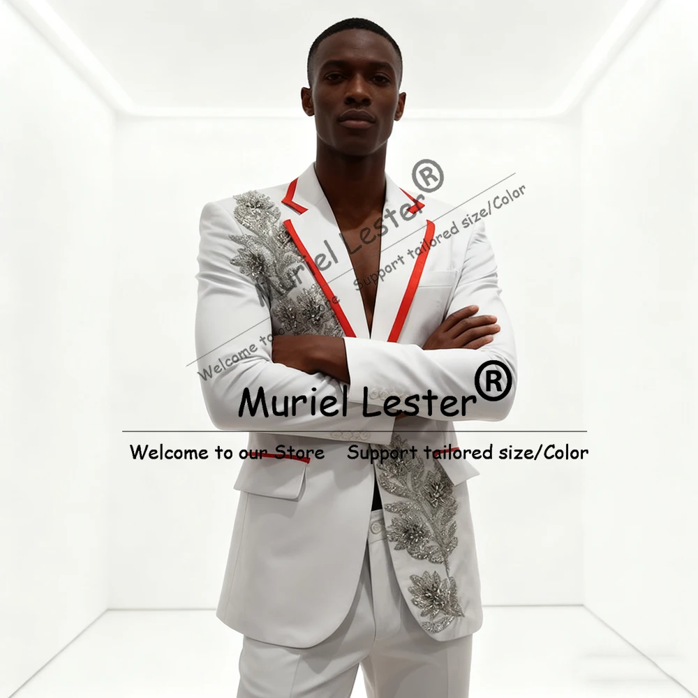 

Unique Design Beaded Stones Suits Men For Wedding 2 Piece Set Single Breasted Blazer Pants Customized Groom Tuxedos Man Attire