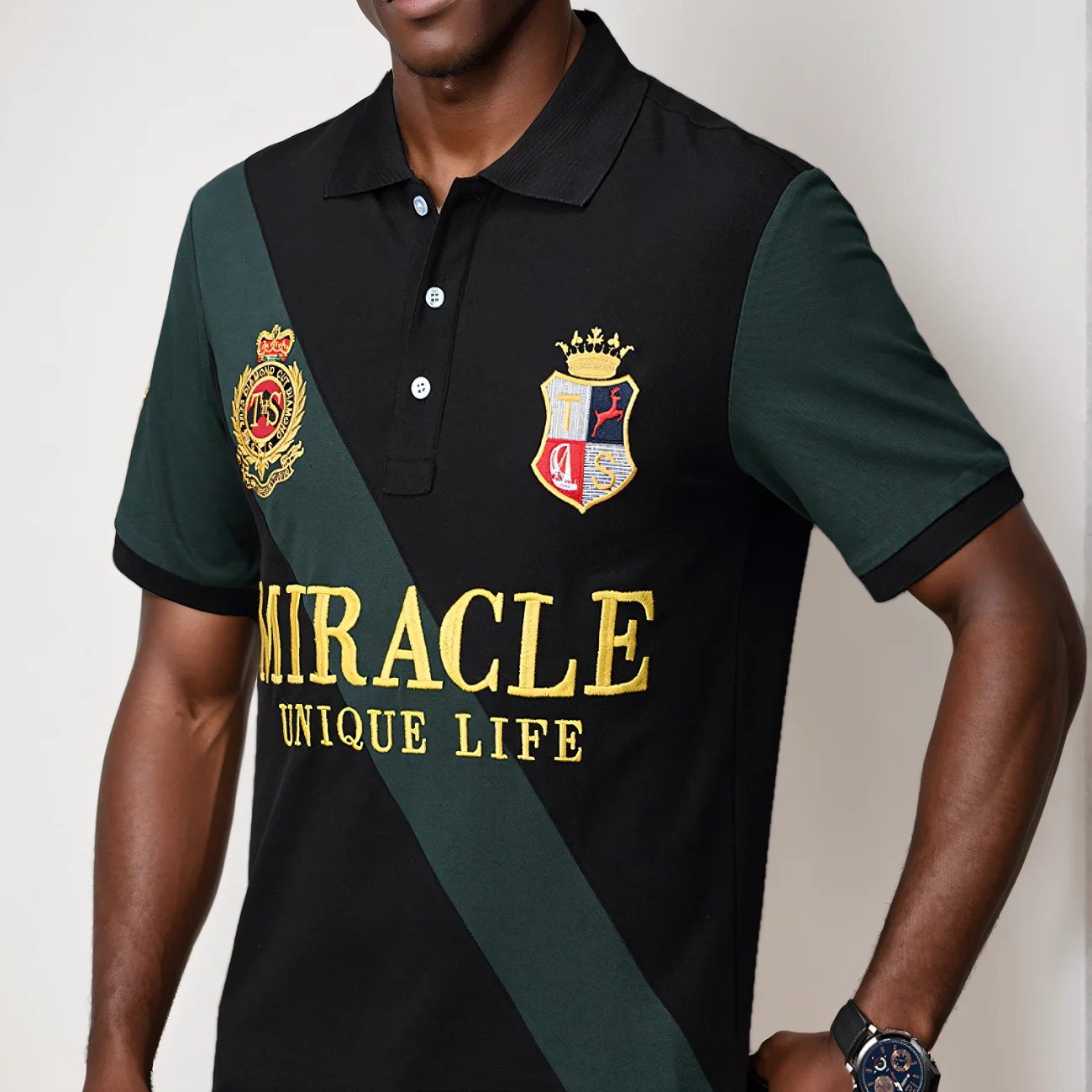 Men\'s polo shirt MIRACLE embroidery stitching color contrast classic fashion original design polo collar pure cotton breathable