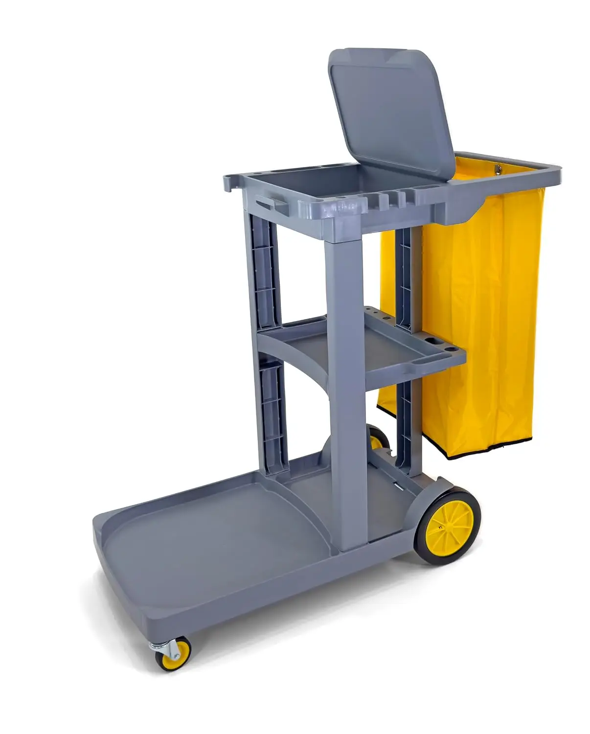 Compact Size Janitorial Cart, 3 Shelves, 25 Gallon Vinyl Bag with Cover, 450 LBS Capacity, Gray