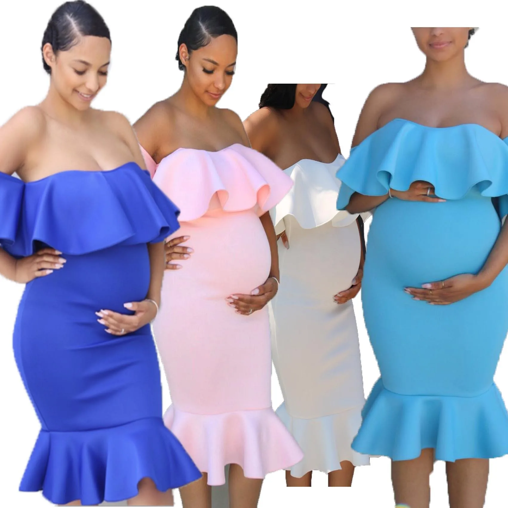 European & American Maternity Maxi Dress Stretchy Fabric Ruffled Collar Elegant Train Photoshoot Gown for Pregnancy Photography
