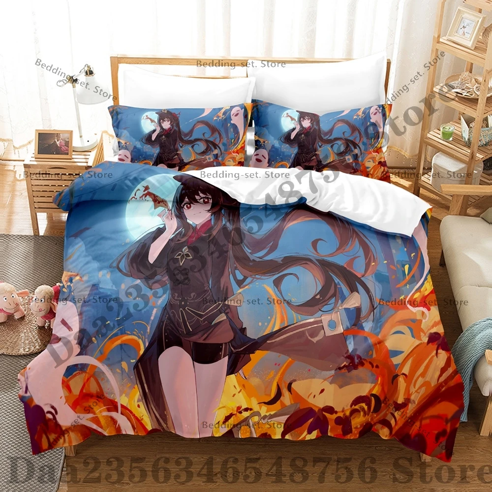 Kawaii Anime Hu Tao Bedding Set Single TwiThree Piece Bedding Set - Luxury Comforter Set with Queen King Size Including Anime
