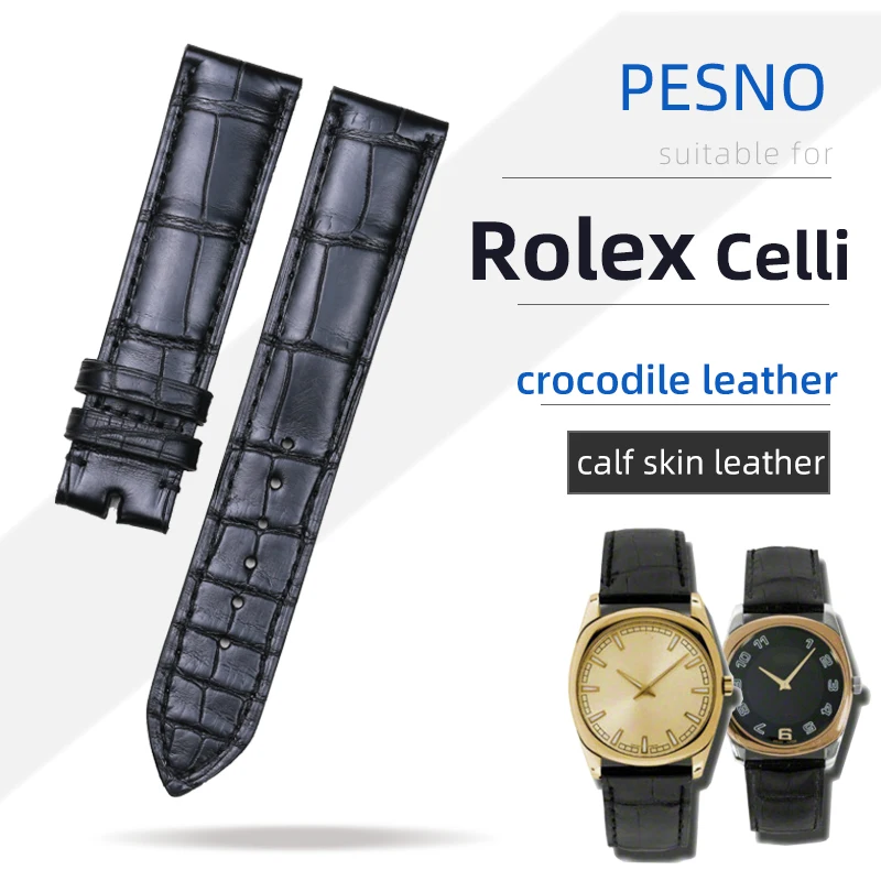 PESNO Crocodile Leather Black Bamboo Grain Genuine Calf Skin Leather Men Watch Accessories Bands Straps for Rolex Celli 19mm