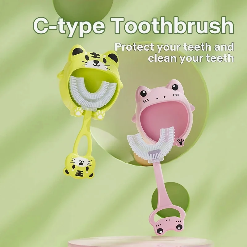 2-12Y Baby & Children Soft Bristled Silicone Toothbrush Cute Tigers And Frogs 360 Degree U-shaped Deciduous Training Teeth Brush