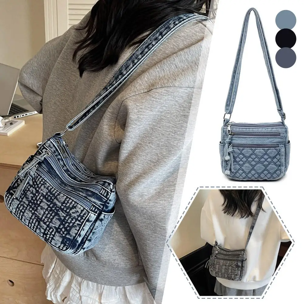 

Large Capacity Women Shoulder bag Retro Denim Crossboday Bags Multi-Pocket Adjustable Strap Zipper Commuting Handbag