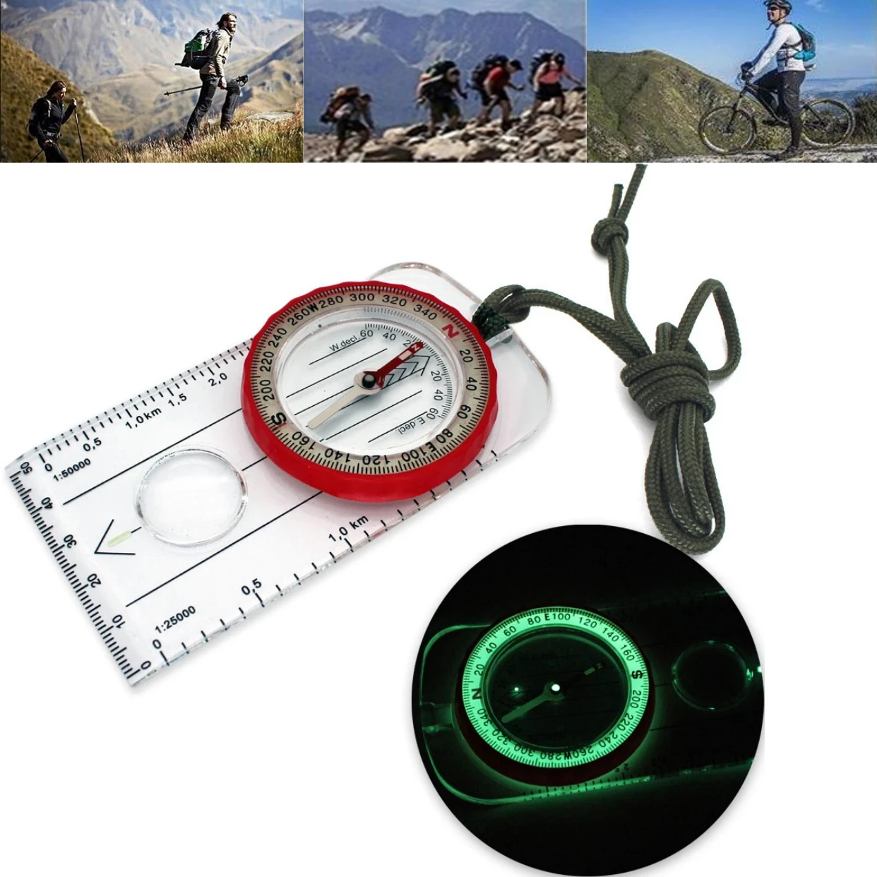 Outdoor Mini Compass Map Scale Ruler Luminous Multifunctional Travel Military Compass Hiking Camping Survival Guiding Tool