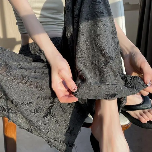 Rosa amerikanische Distressed-Hose mit weitem Bein für Damen, Sommerhose mit hoher Taille, drapiert, lockere Freizeithose mit geradem Bein