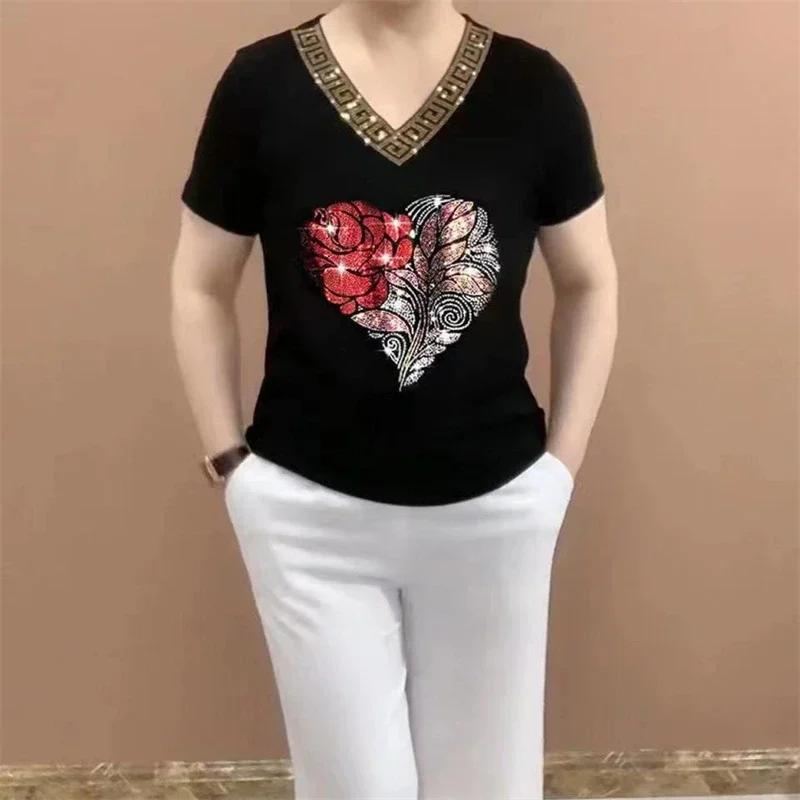 Women\'s Clothing 2024 Summer Fashion Rhinestone Elegant Short Sleeve Ice Silk T-shirts Ladies Casual V Neck Slim Fit Basic Tops