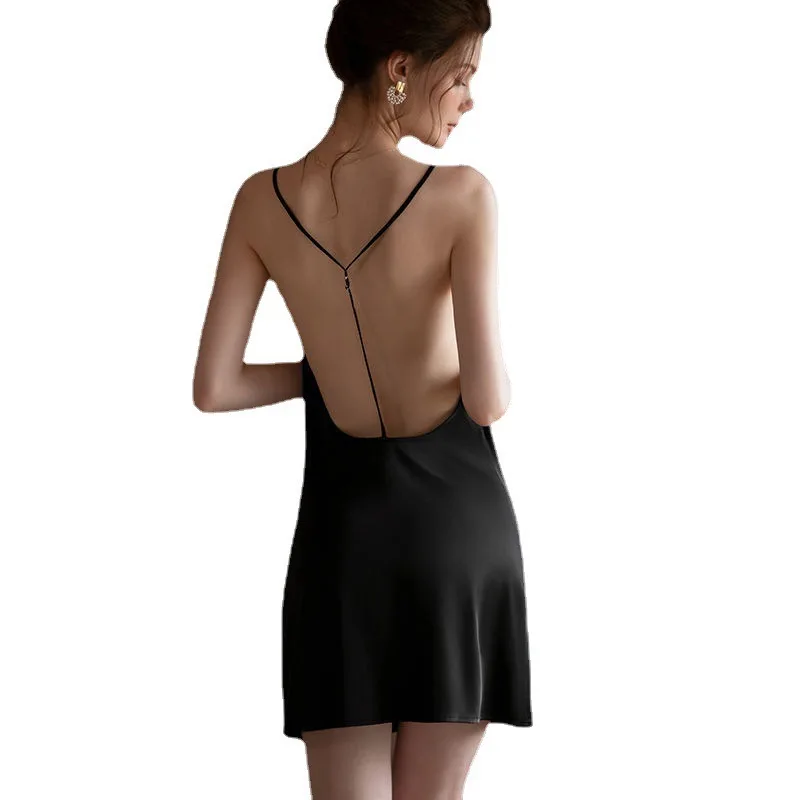 Sexy Pajamas Night Dress Women Sleepwear Deep V Suspender Nightdress Beauty Back Simulation Silk Nightgowns Thin Home Clothes