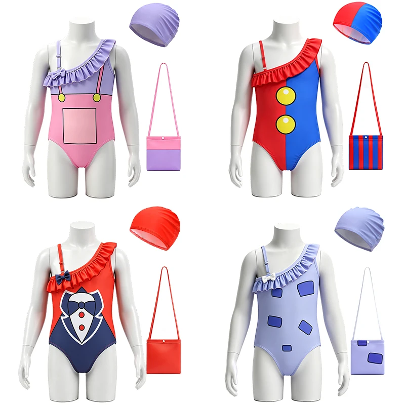 One Piece Digital Circus Girls Swimsuits Summer Beach Vacation Kids Swimming Bathing Suit Halloween Cosplay Children's Swimwear