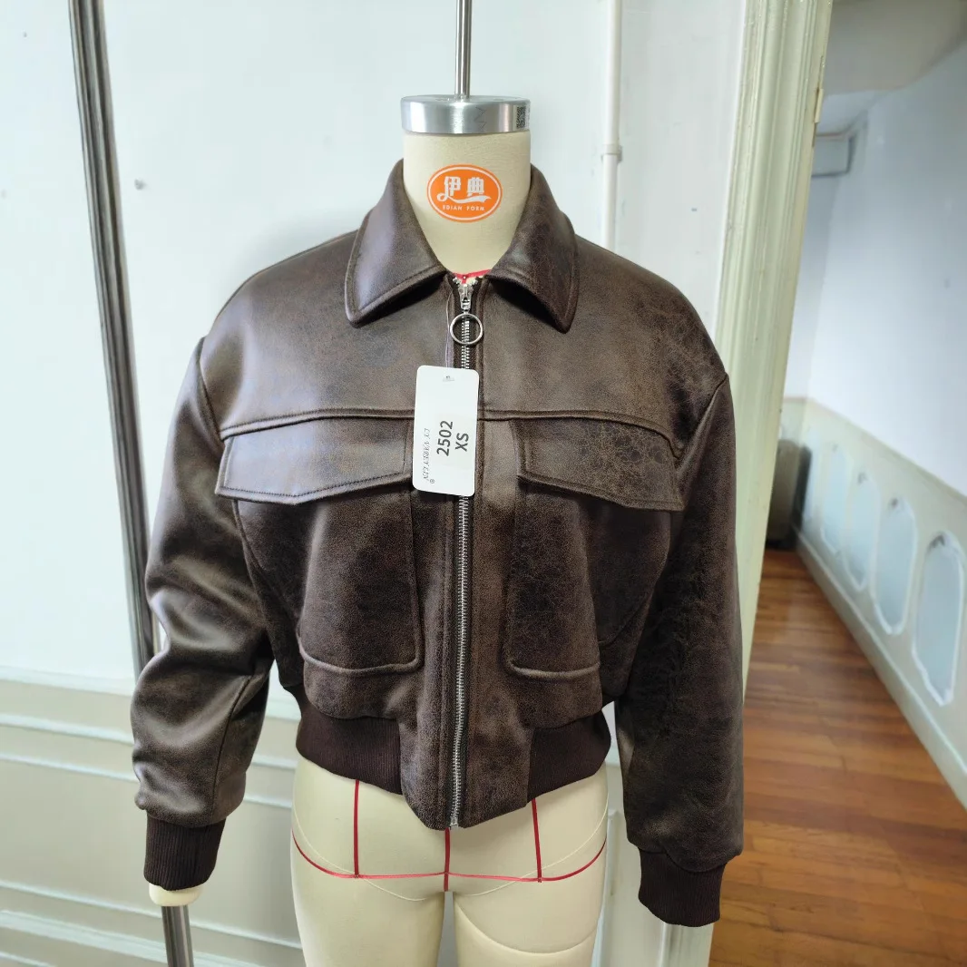 Vintage Faux Leather Pilot Jacket, Retro Bomber Jacket with Pockets, Spring Autumn Outerwear for Women
