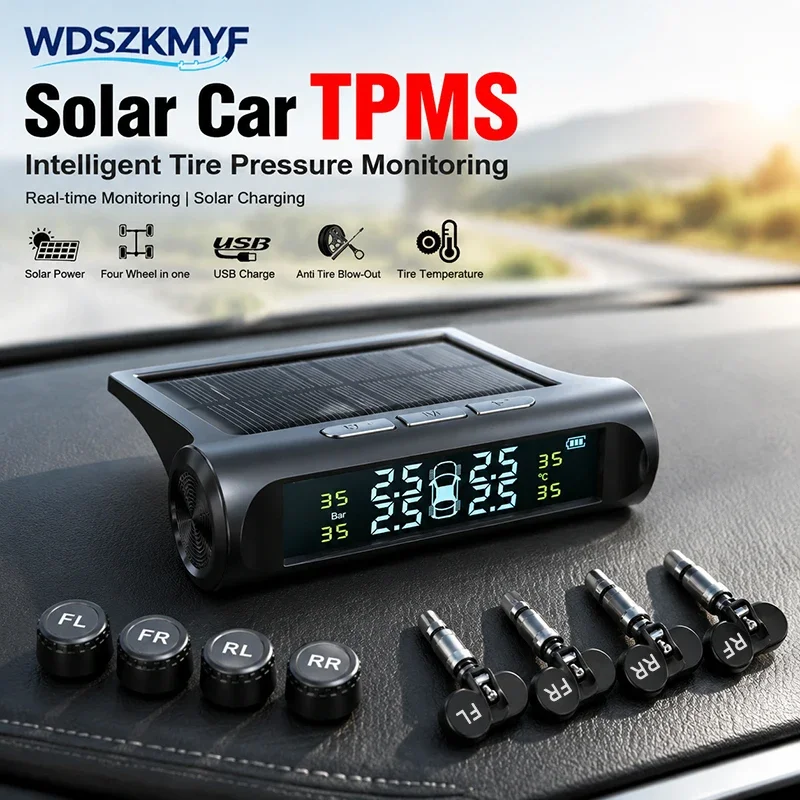 Universal Digital LCD Display Smart Car TPMS Tyre Pressure Monitoring System 4 Sensors Auto Security Alarm Solar Charging