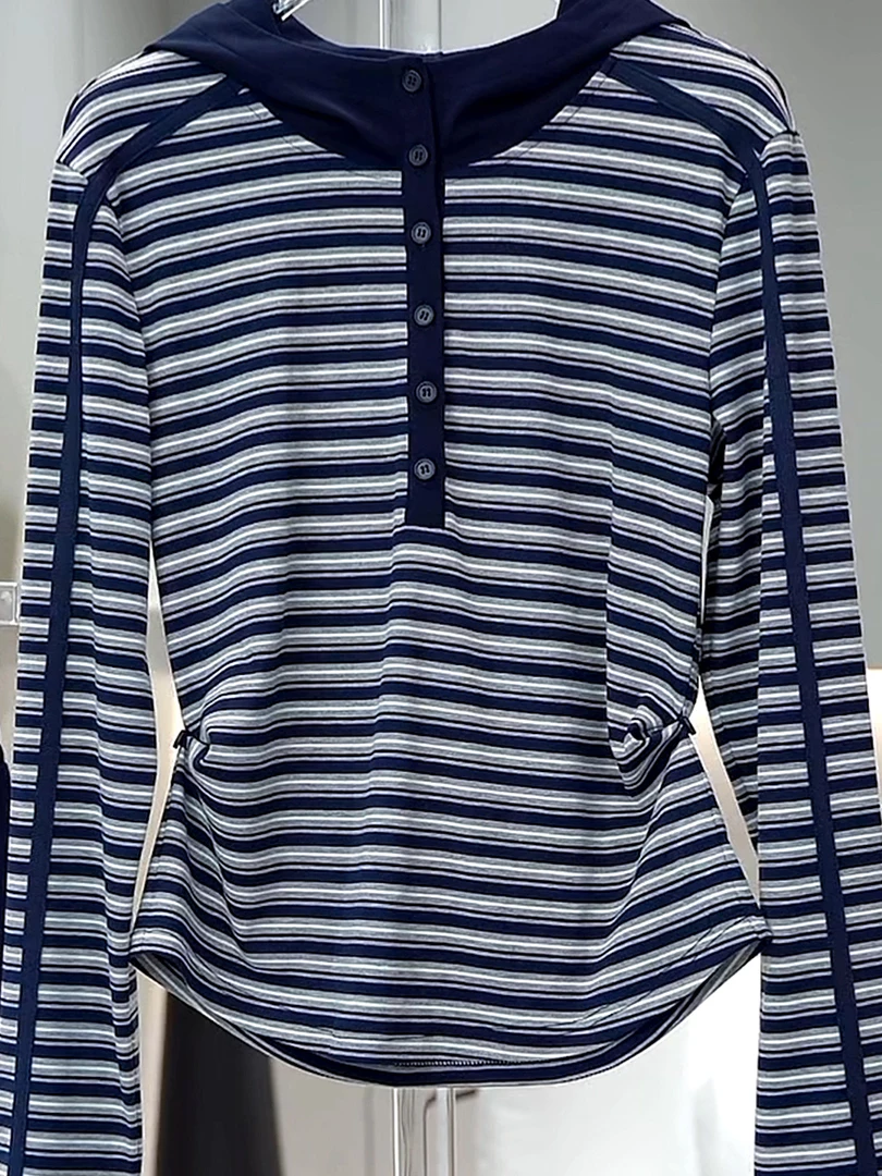 

Модная полосатая удлиненная толстовка с капюшоном для женщин, осенняя повседневная футболка средней длины для девушек