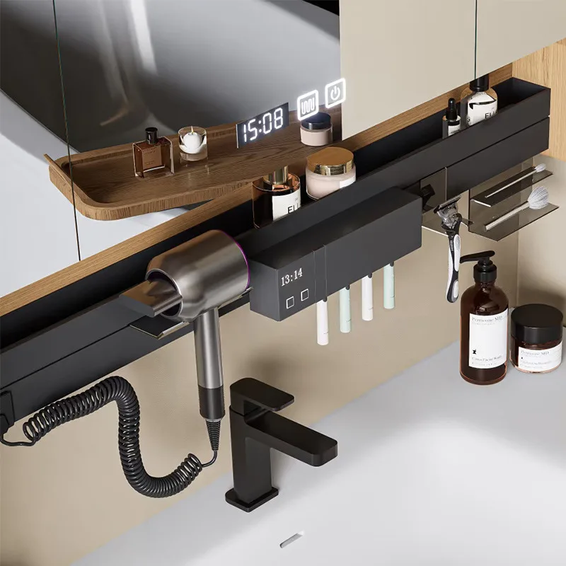 & Smart Bathroom Mirror Cabinet, All in One Storage Rack with Toothbrush Sterilizer, Hair Dryer Holder & Cosmetic Organizer