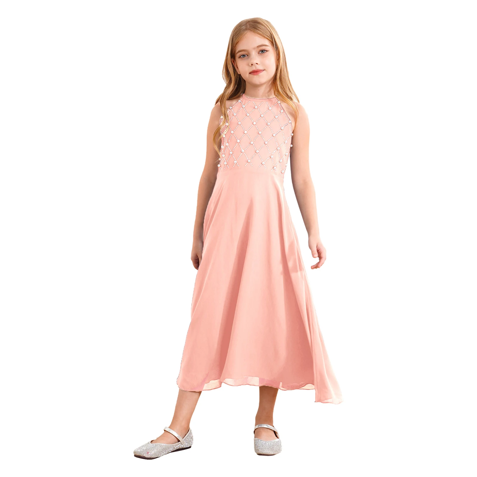 Robe de soirée en fibre de mousseline de soie pour enfants, licou, demoiselle d'honneur, soirée, anniversaire, robe de Rhprincesse élégante, vêtements de demoiselle d'honneur