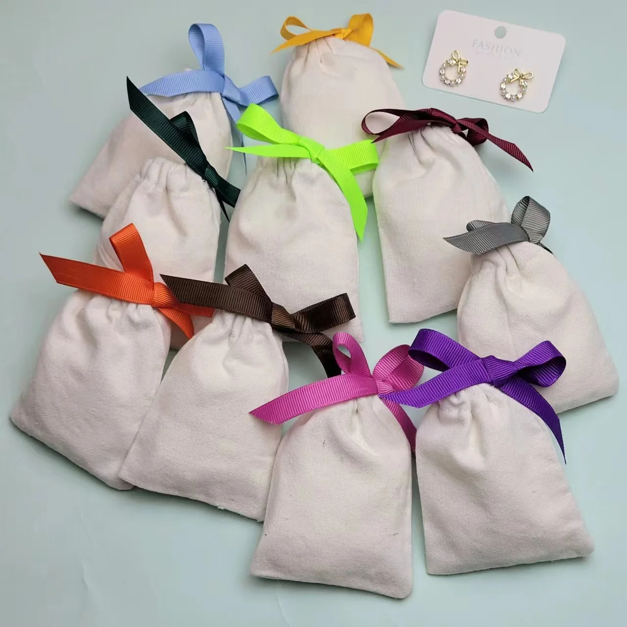 Cotton drawstring bag with customisable color Ribbon Design organic dust-proof bags for jewellery earrings packaging container