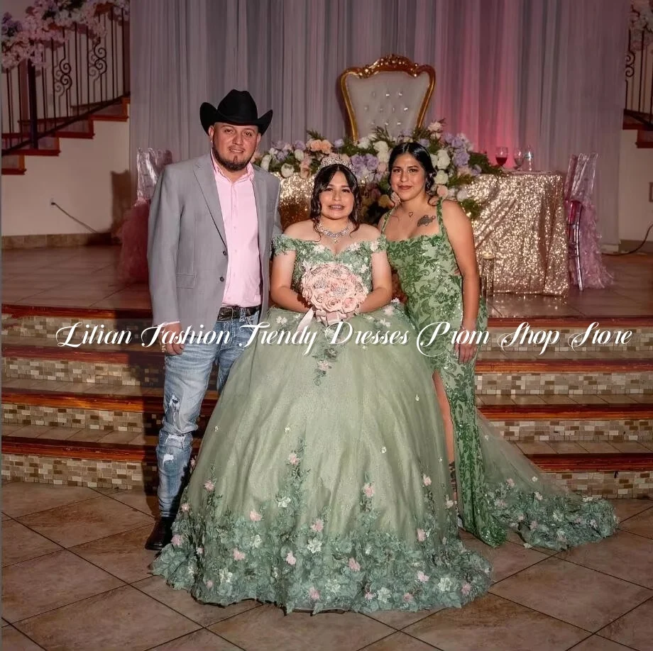 Mintgroen Prinses Quinceanera Jurken Off Schouder 3D Bloemen Applique Gezwollen Korset Aangepaste vestidos de 15 jaar quinceañeras