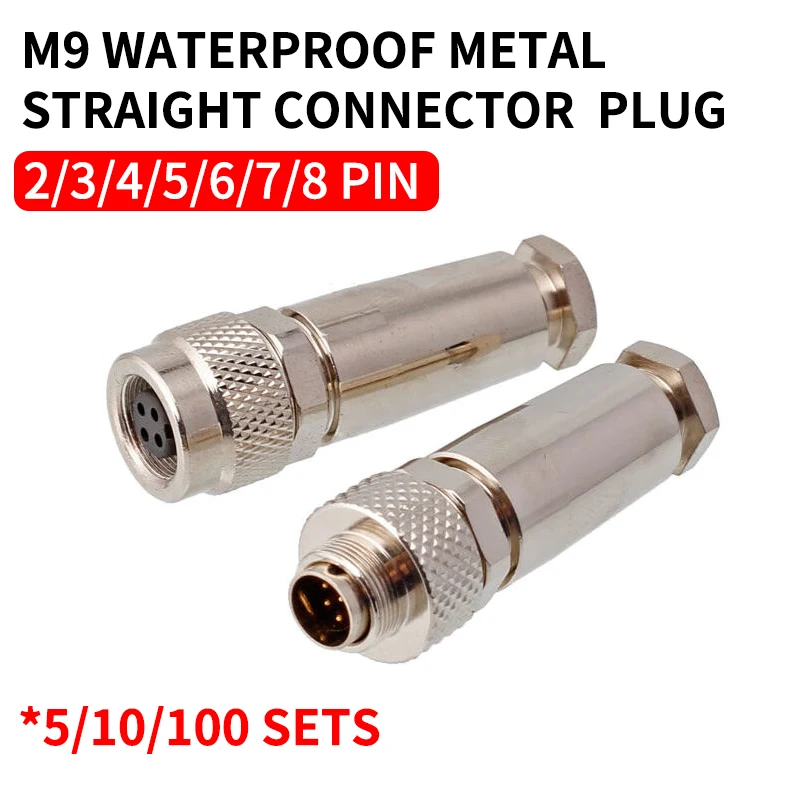 

5/10/100 Sets M9 waterproof metal straight connector aviation plug socket 2/3/4/5/6/7/8 pins crimping welding plate front