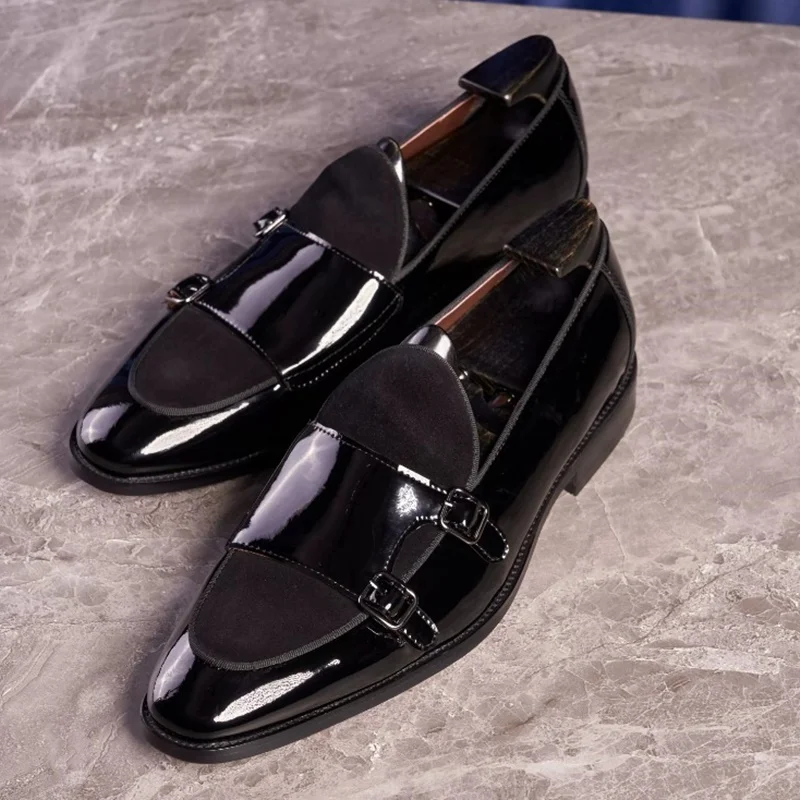 Zapatos Monk de Cuero Vacuno Brillante Estilo Británico, Transpirables, Mocasines de Charol para Hombre, Zapatos Formales de Cuero para Hombre, Negros