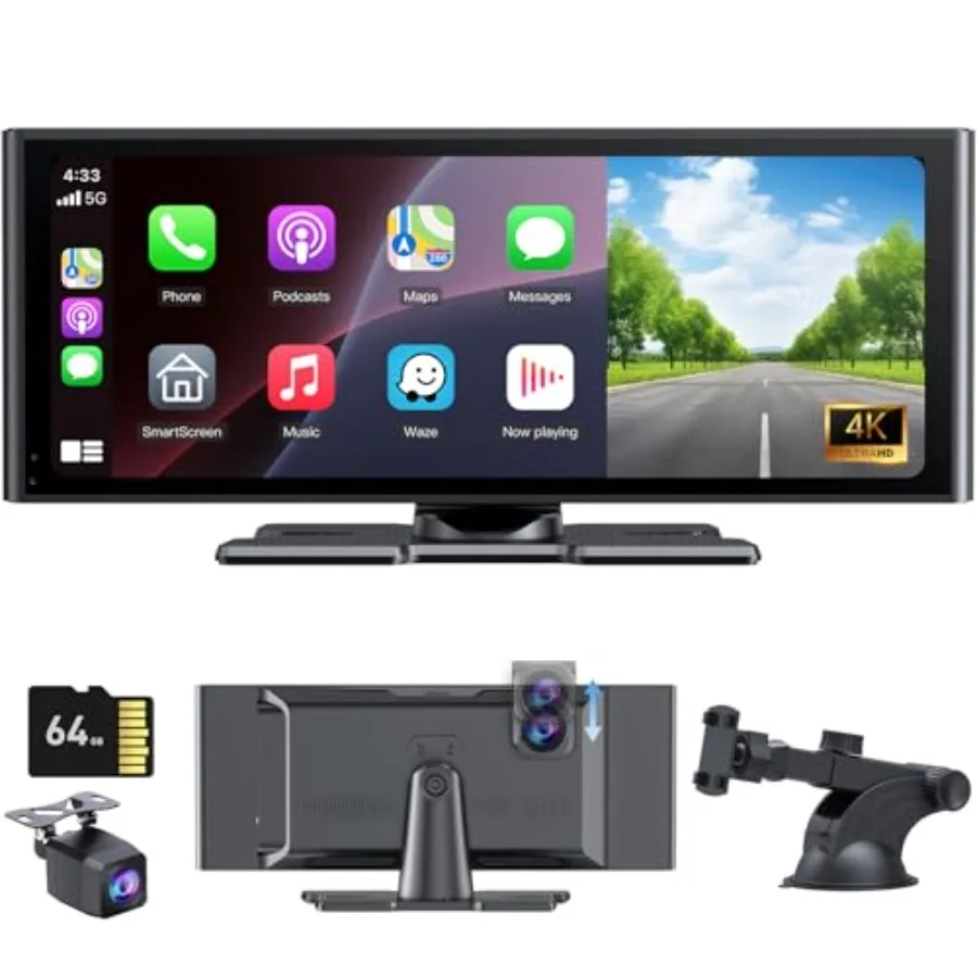 

CarPlay Screen for Car with 4K Dash Cam 1080p Backup Camera 10.26 HD IPS Touch Screen Black Compatible with Apple CarPlay Andro
