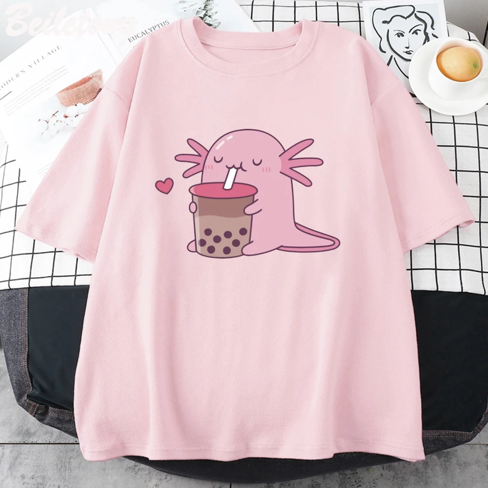 Cute Salamander Newt Bobo Milk Tea T Shirt Womes Tops Cute Printed 100% Cotton O-neck Summer Causal Tshirt Harajuku Tees Cartoon