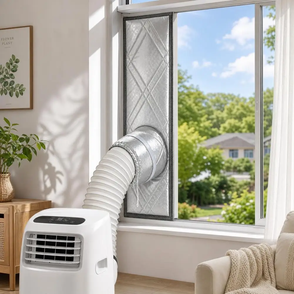 Portable AC Window Seal Kit Silver Coated Thermal Insulation Sliding Cloth Exhaust Hose Vent Cover Drawstring Summer