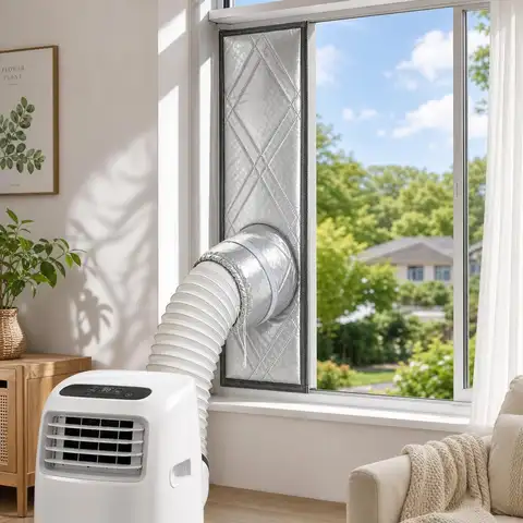 Portable AC Window Seal Kit Silver Coated Thermal Insulation Sliding Cloth Exhaust Hose Vent Cover Drawstring Summer