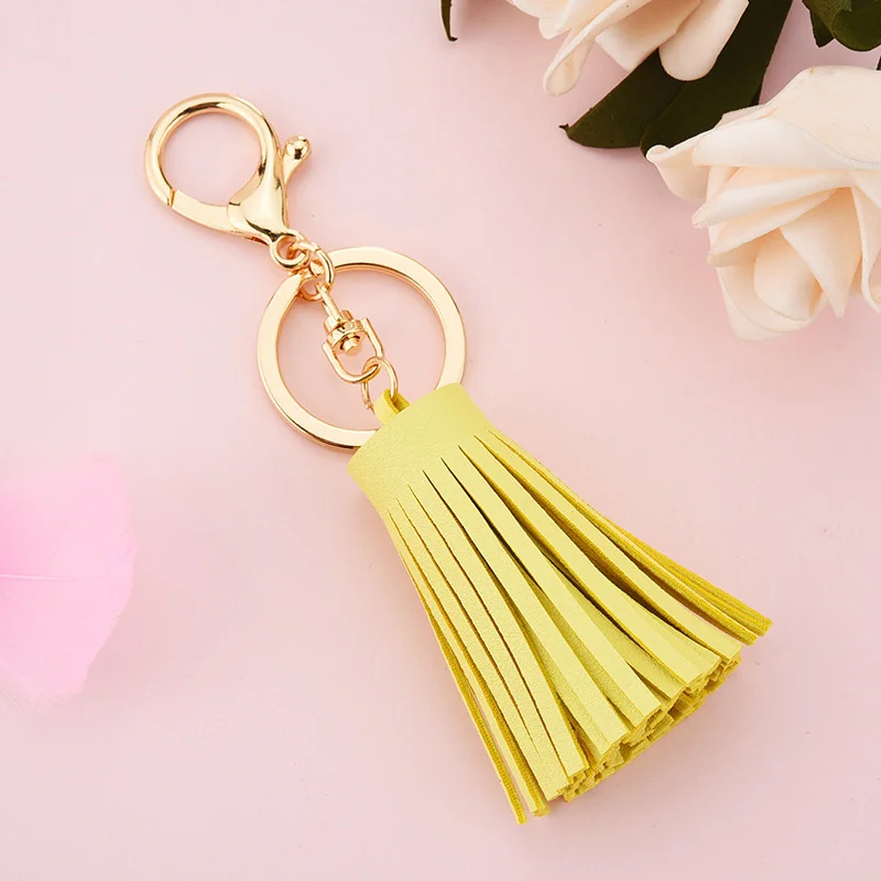 WFFNNKC 2Pcs 6CM Fashion PU Leather Tassel Pendant Keychain Gold Color Lobster Decor Accessory DIY Car Key Ring Fringe Ornaments