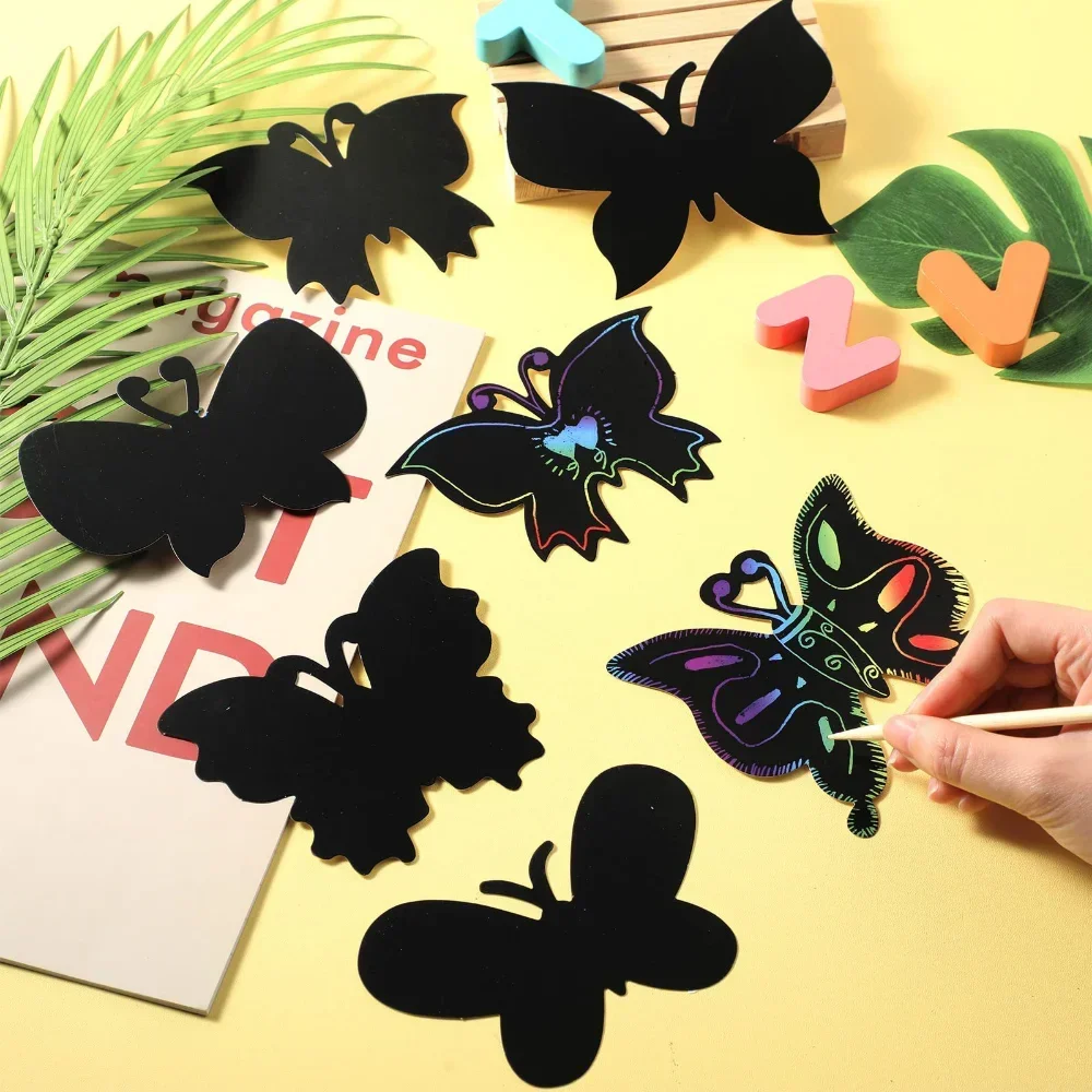 Creative 6/12Pcs Set Butterfly Bookmarks Scratch Drawing Paper Magic Scratch Art Kids Painting Card Sticker Education Toy Gifts