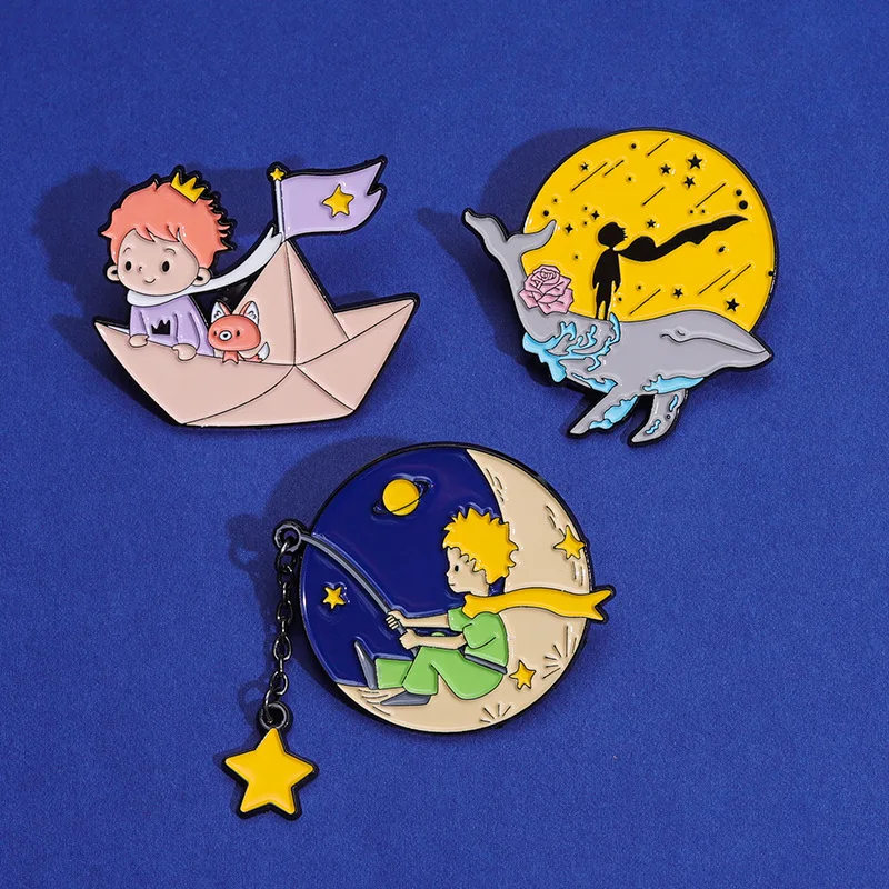 Cartoon Prince on boat whale Enamel Pins Brooches Clothing Backpack Lapel Badges bag Jewelry Accessories For wedding unisex gift