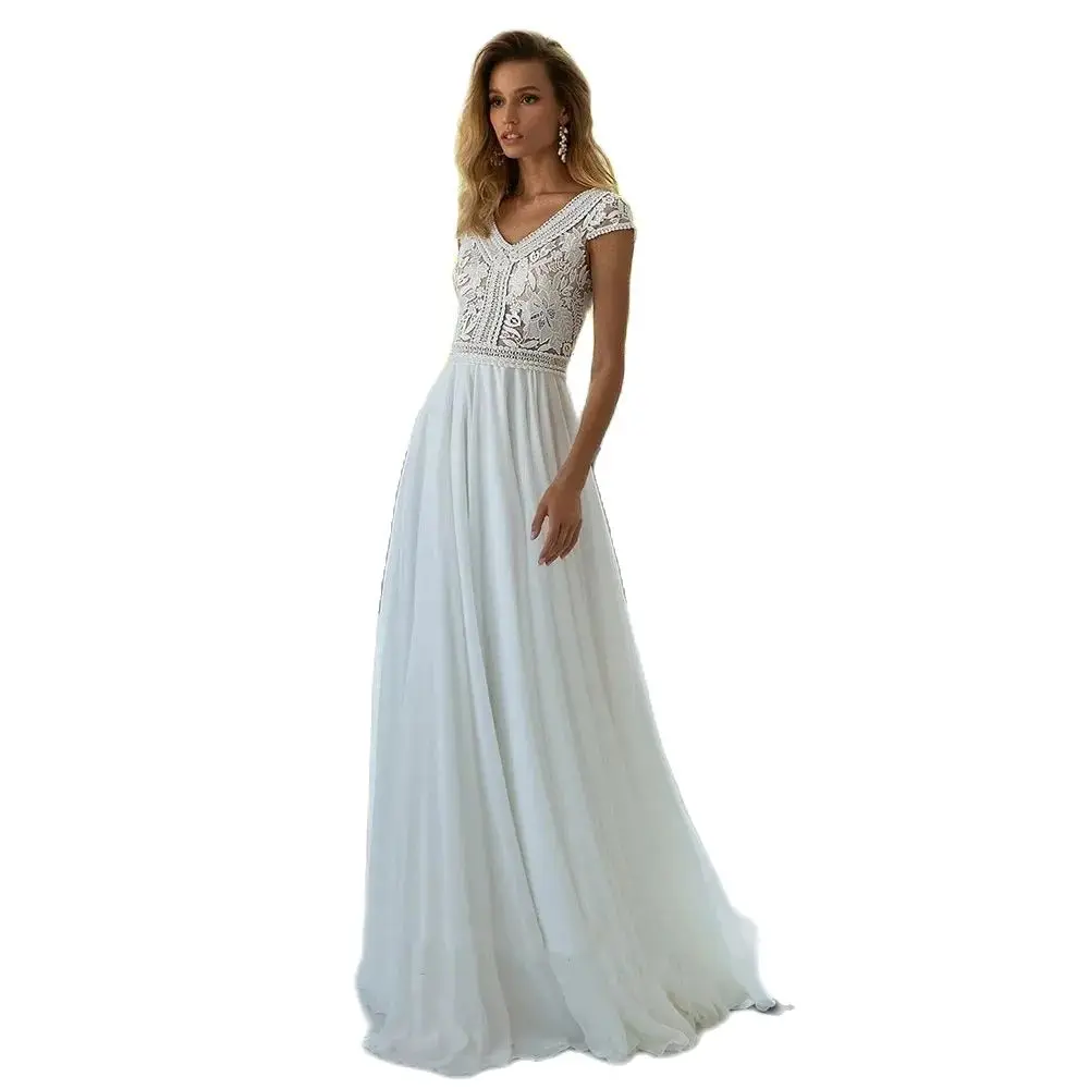 Vestidos De Novia Retro De encaje blanco, Vestidos De Novia De gasa De manga corta, elegantes con cuello en V, drapeados, para fiesta en la playa, 2024