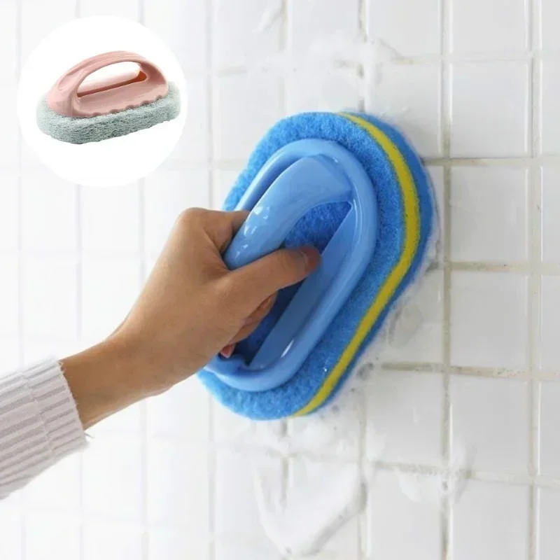 Nuevas herramientas de baño para el hogar, cepillo de esponja con mango para limpiar el limpiador de azulejos de bañera, borrador de esponja mágica suave azul, suministros de cocina
