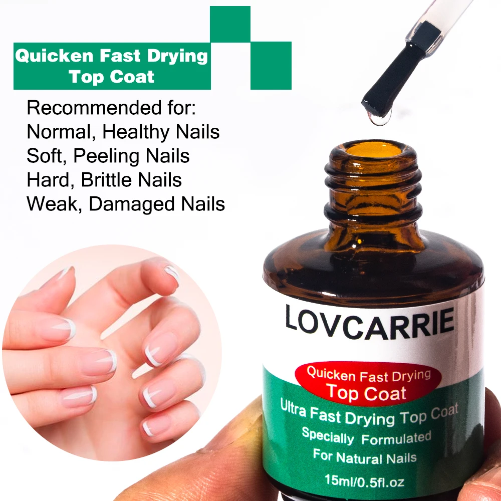 LOVCARRIE Quick Dry Top Coat Normal Nail Lacquer Finish 15ML Super Shine Natural Look Clear Nail Polish Topcoat Varnish No Fade